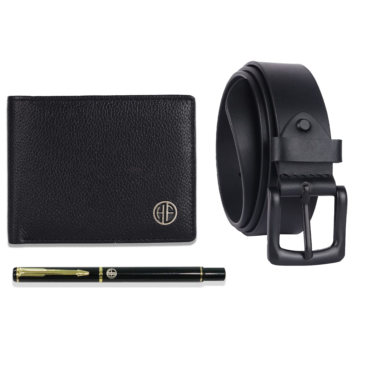 HF Premium Gift Set - Genuine Leather Wallet & Belt with Ball Pen (Onyx Black)