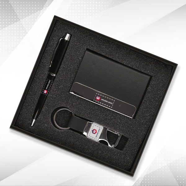 Personalized Pen, keychain & cardholder 3-in-1 Small Gift Set (Black)