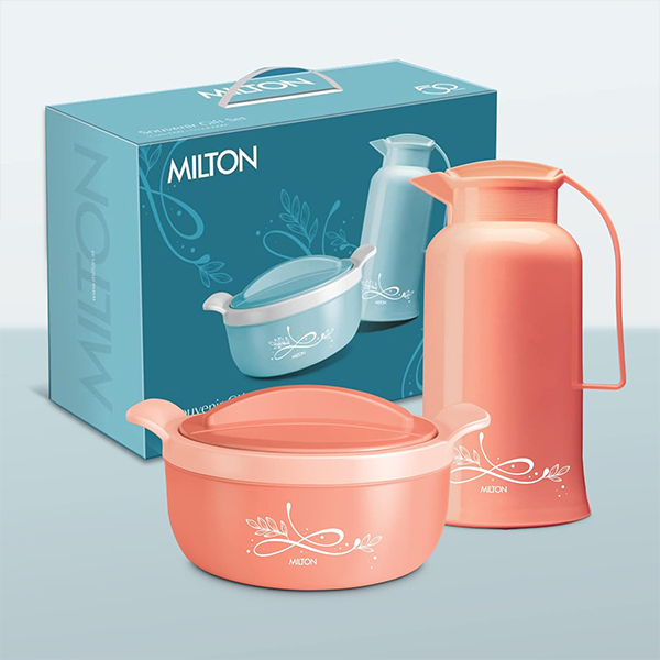 MILTON Souvenir Gift Set Peach 1500 Casserole 1.38 ml and Crystal 1000 Flask - 970 ml-1