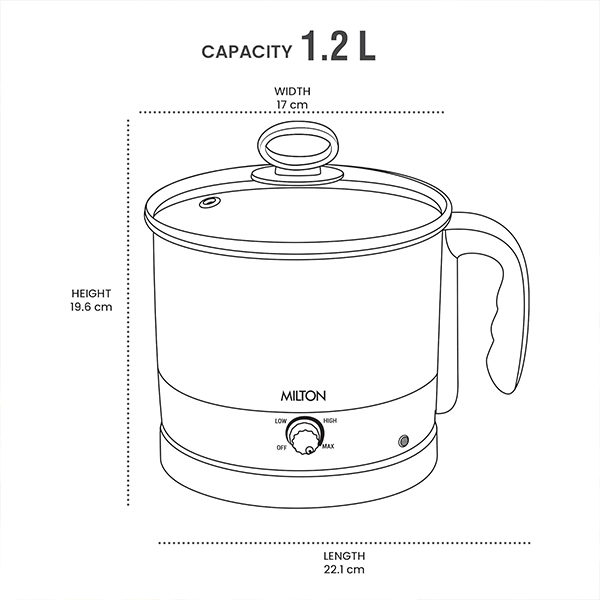 MILTON Electric Cooker With Glass Lid, 600 Watt, 1.2 Liters, Multi-Purpose Kettle Cum Steamer for Instant Noodles, Eggs, Vegetables, Auto Cut-Off, Cordless Pot-6