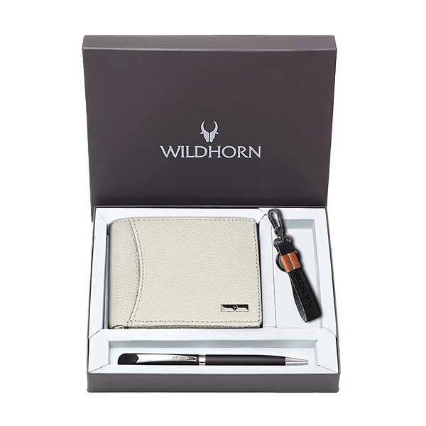 WILDHORN CORDOVA Premium Leather Wallet, Keychain & Pen Gift Set (Beige)