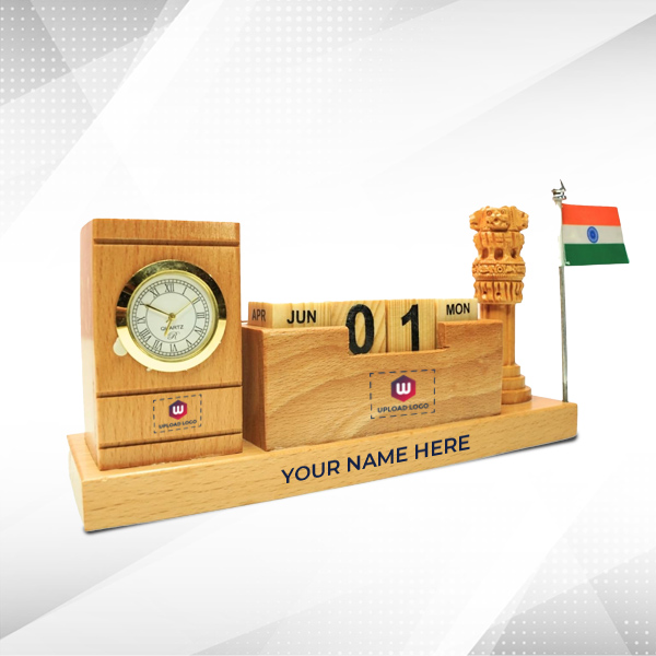 Personalized Desk Organizer with Miniature Ashok Pillar & Indian Flag-0