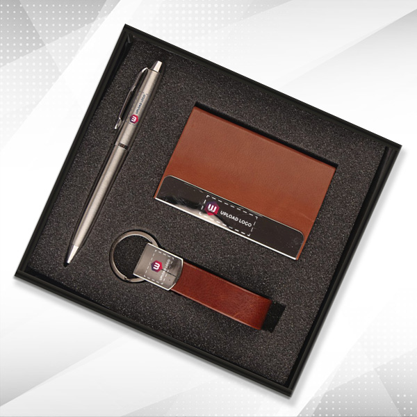 Personalized Pen, keychain & cardholder 3-in-1 Small Gift Set (Brown)