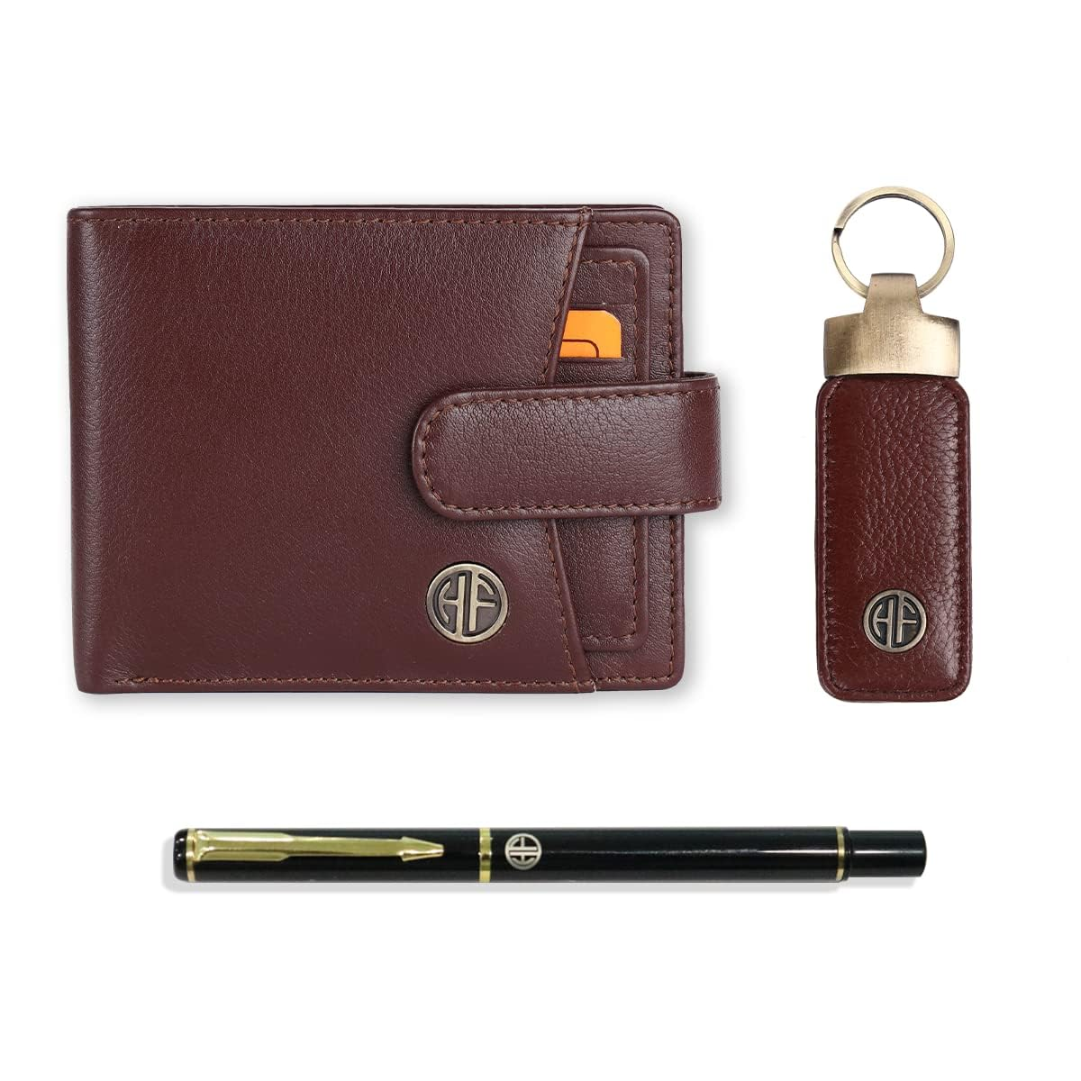 HF Men's Executive Leather Gift Set – Wallet, Keychain & Pen | Premium Corporate Gift (Blaze Brown)