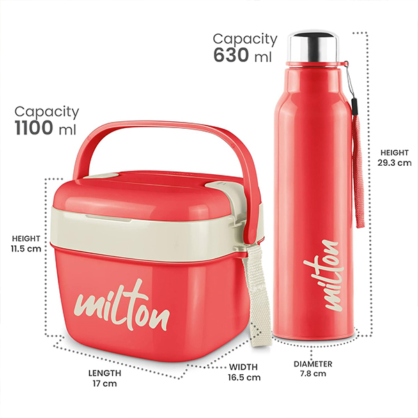 MILTON Cube Lunchmate (Steel Fit Insulated Water Bottle, 630 ml & Cubic Big Tiffin, 1.1 liter) - Red-5