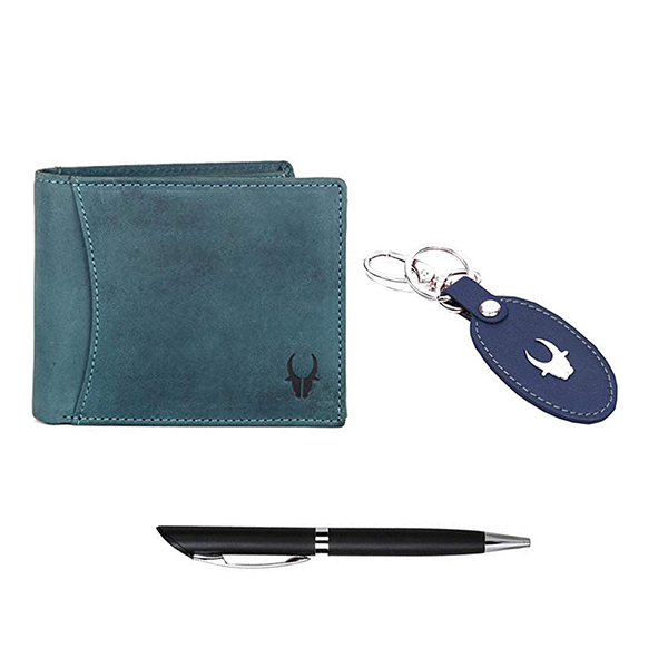 WILDHORN SANFORD Premium Leather Wallet, Keychain & Pen Gift Set for Men (Blue Hunter)-1