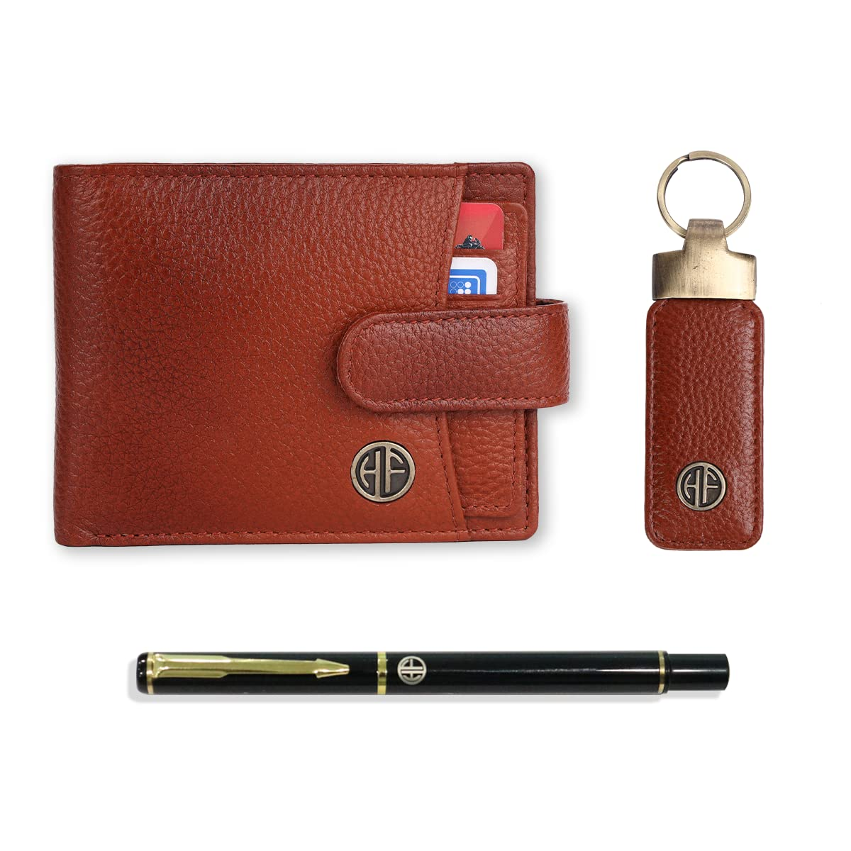 HF Men's Executive Leather Gift Set – Wallet, Keychain & Pen | Premium Corporate Gift (Tan)