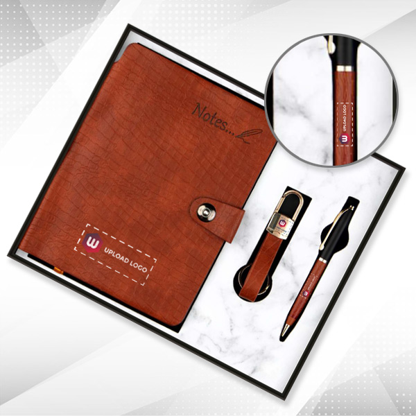 Customized 3-in-1 Combo Diary, Pen & Keychain  Gift Set for Employees (Brown)-0