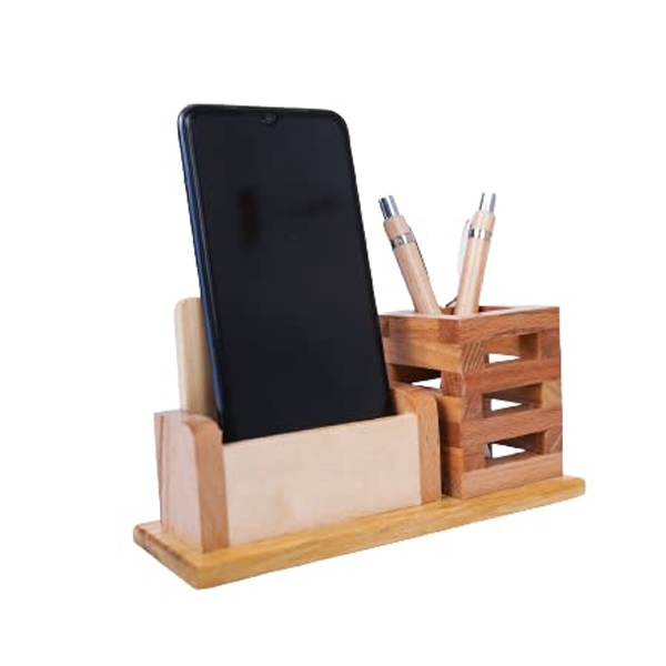 Wooden Desk Organizer Pen, Cards & Mobile Holder for Office & Home Décor-3