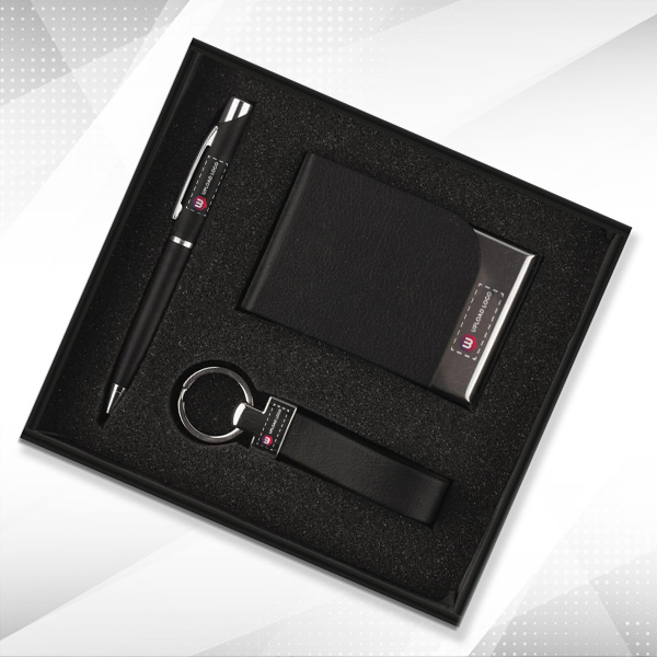 Personalized Pen, keychain & cardholder 3-in-1 Small Gift Set (Black)