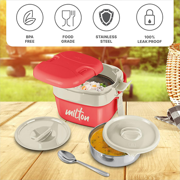 MILTON Cube Lunchmate (Steel Fit Insulated Water Bottle, 630 ml & Cubic Big Tiffin, 1.1 liter) - Red-2
