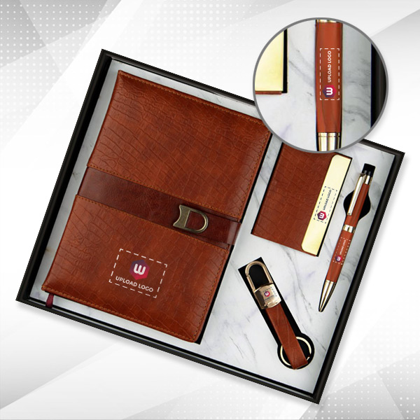 Luxury Leather Diary Executive Gift Set – Custom 4-in-1 Office Essentials (Gold & Brown)-0