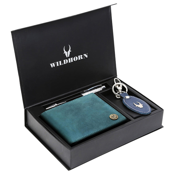 WILDHORN SCOTTSDALE Leather Wallet, Keychain & Pen – Premium Gift for Men (Blue Hunter)