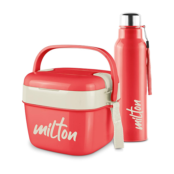 MILTON Cube Lunchmate (Steel Fit Insulated Water Bottle, 630 ml & Cubic Big Tiffin, 1.1 liter) - Red-0
