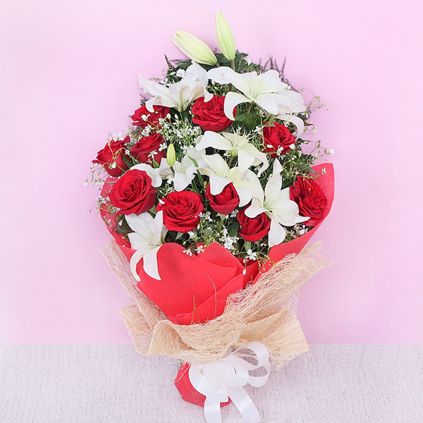 Stunning Red Rose and Lily Bouquet-1