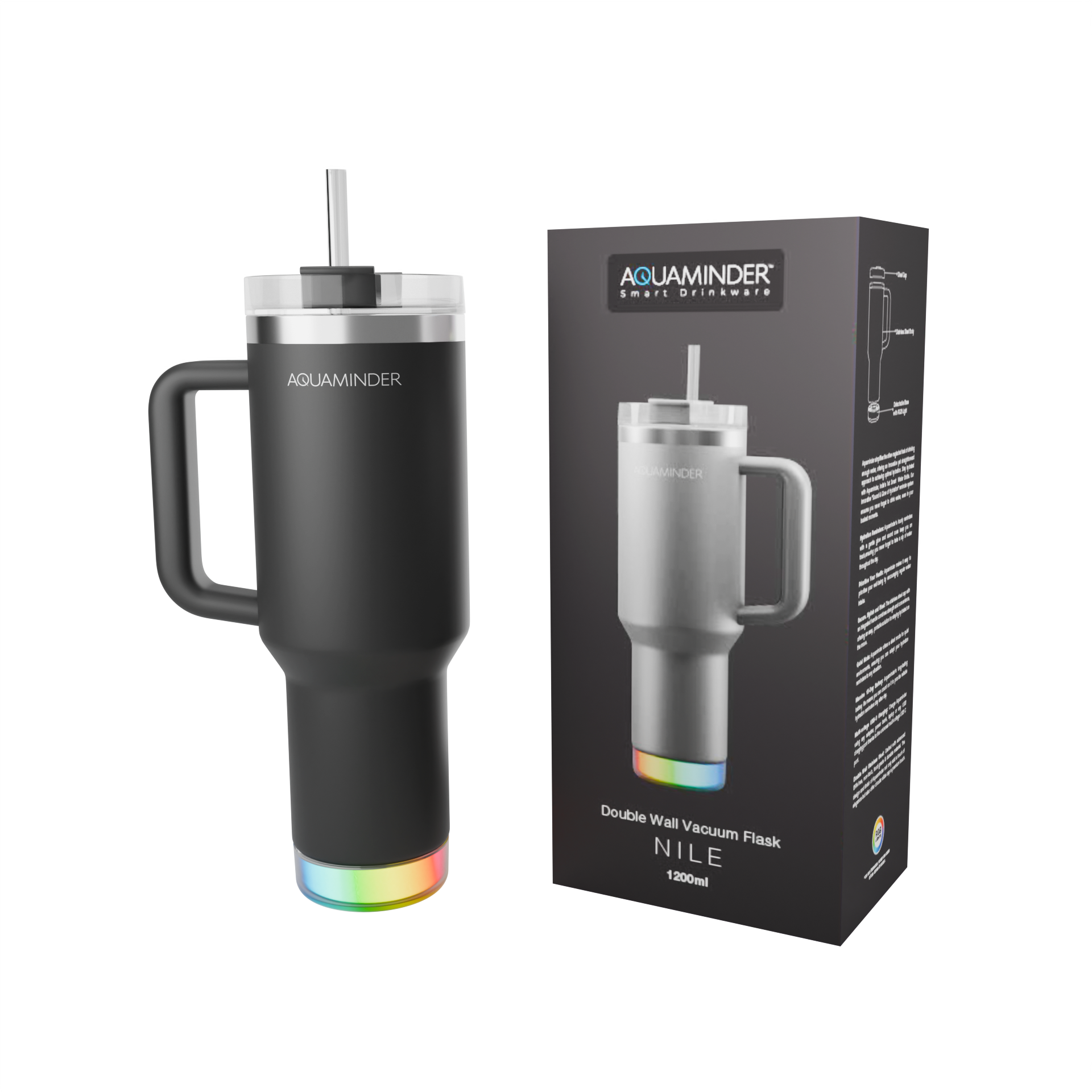 Aquaminder Smart Tumbler with lid and Straw  Nile Cup 1200ml -Black