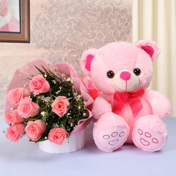 Charming Pink Rose Bouquet with Cuddly Teddy Bear Combo-0