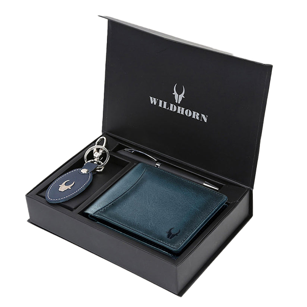 WILDHORN COSTA MESSA Leather Gift Set – Wallet, Keychain & Pen (Blue)