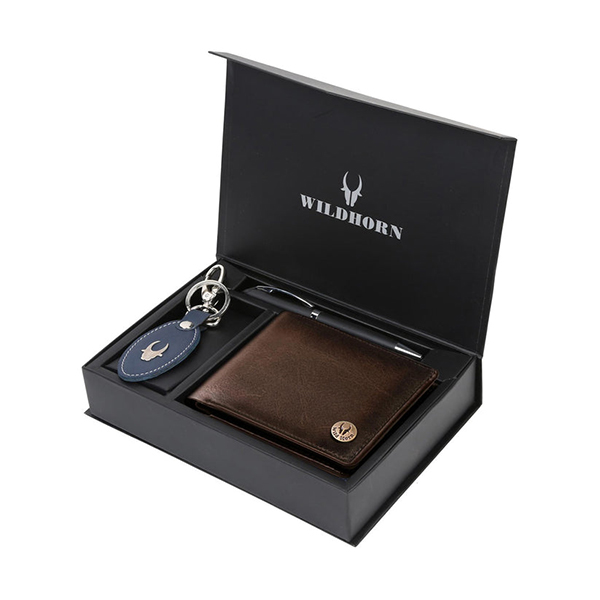 WILDHORN COSTA MESSA Leather Gift Set – Wallet, Keychain & Pen (Brown)