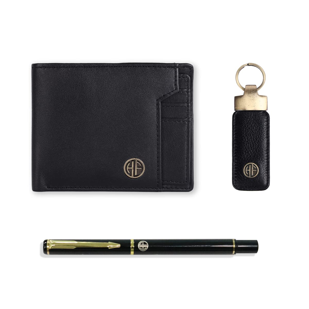 HF Men's Executive Leather Gift Set – Wallet, Keychain & Pen | Premium Corporate Gift (Ink Black)