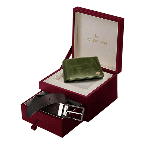 WILDHORN SEYMOUR Leather Wallet & Belt – Premium Gift for Men (Green Crunch)