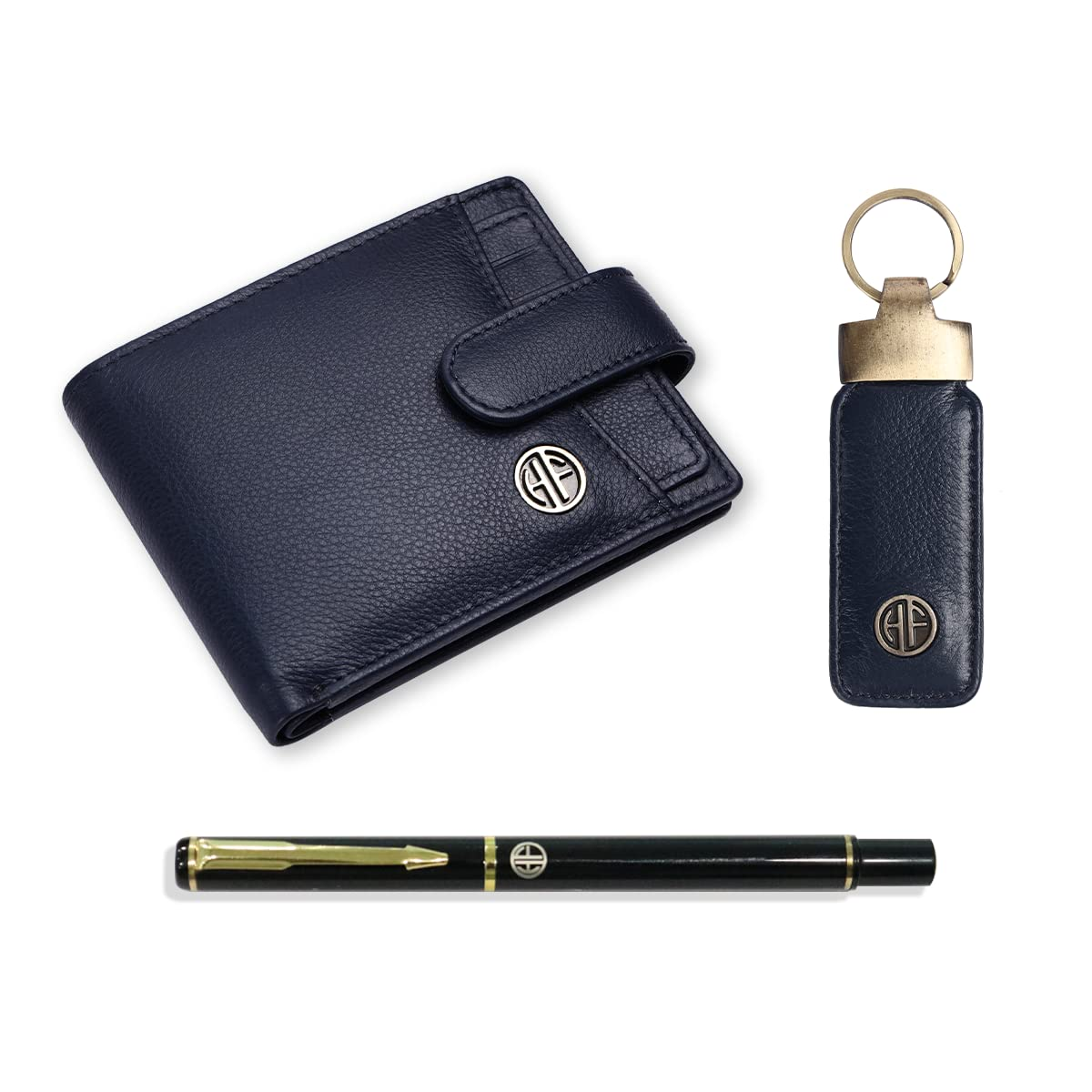 HF Men's Executive Leather Gift Set – Wallet, Keychain & Pen | Premium Corporate Gift (Blue)