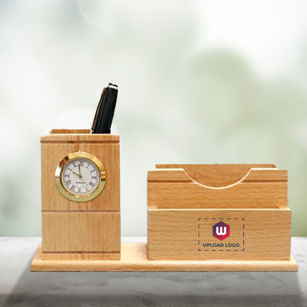 Wooden Pen Holder with Clock – Personalized with Logo