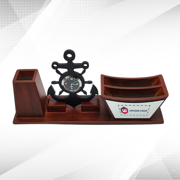 Brown Table Clock Wooden Pen Stand for Office-0