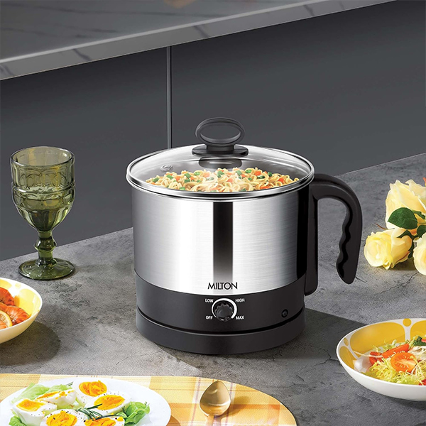 MILTON Electric Cooker With Glass Lid, 600 Watt, 1.2 Liters, Multi-Purpose Kettle Cum Steamer for Instant Noodles, Eggs, Vegetables, Auto Cut-Off, Cordless Pot-5