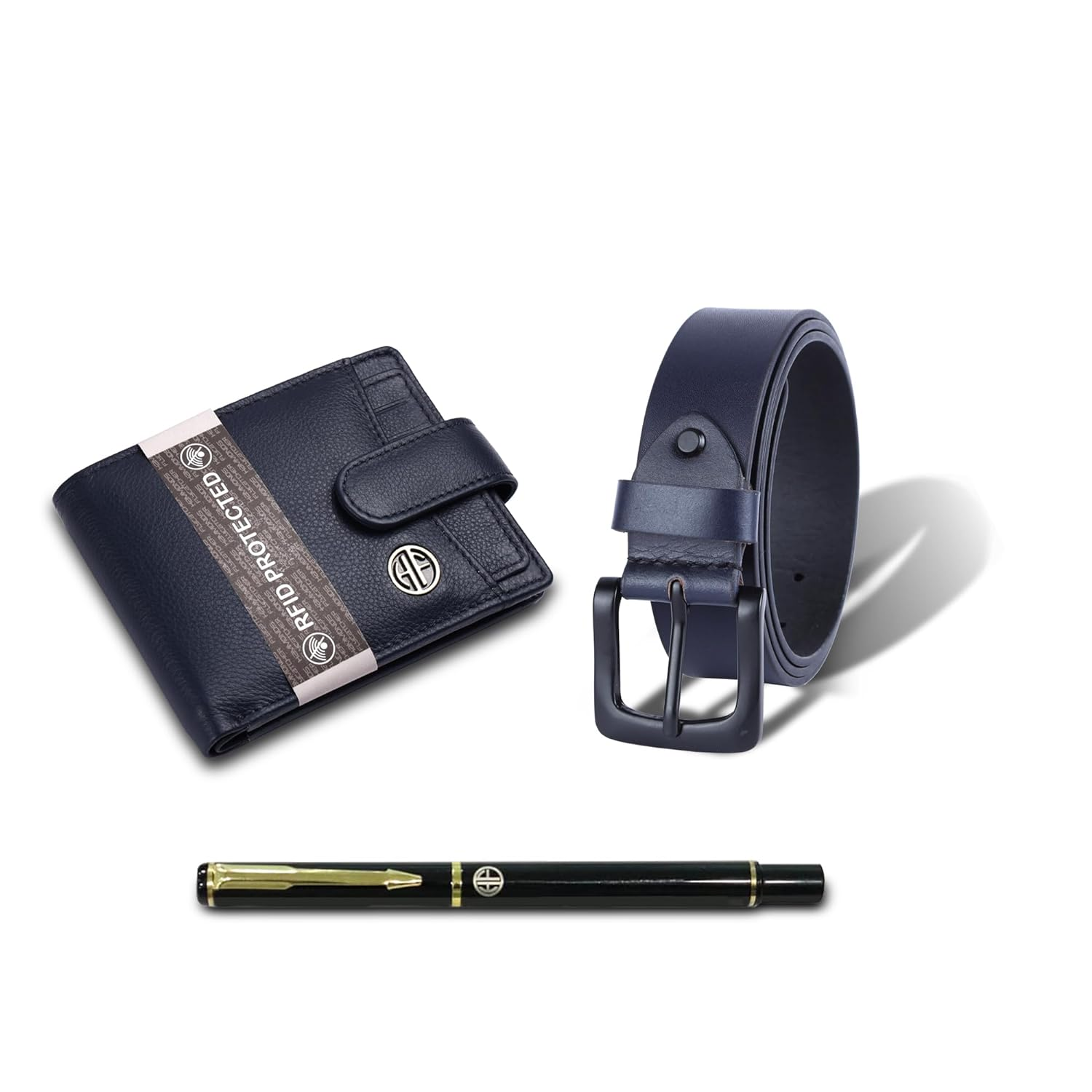 HF Premium Gift Set - Genuine Leather Wallet & Belt with Ball Pen (Night Blue)