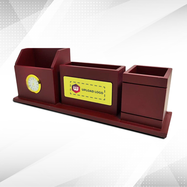 Elegant Brown Wooden Desktop Pen Stand with Clock-0