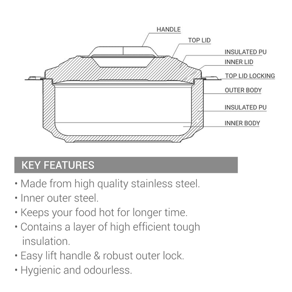 MILTON Casserole Galaxia 1500 1.5 L Double Wall Steel PU Insulated (Silver) Cook and Serve Casserole  (2000 ml)-5