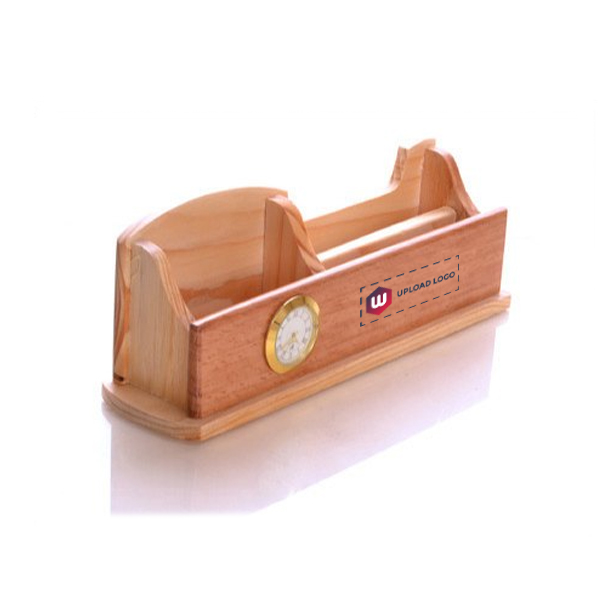 Wooden Desk Organizer with Clock & Pen Holder | Unique Corporate Gift