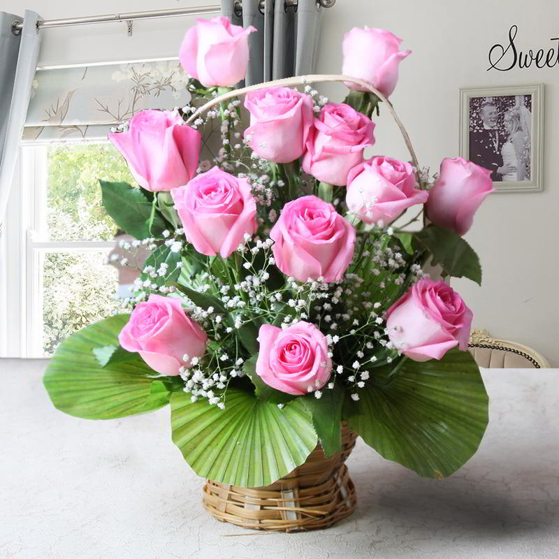 Pink Rose Birthday Basket Bouquet