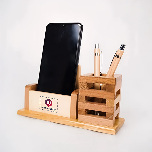 Wooden Desk Organizer Pen, Cards & Mobile Holder for Office & Home Décor