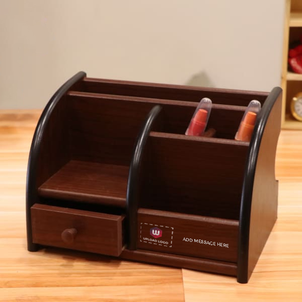 Wooden Pen Stand with Organizer – Personalized Logo & Message