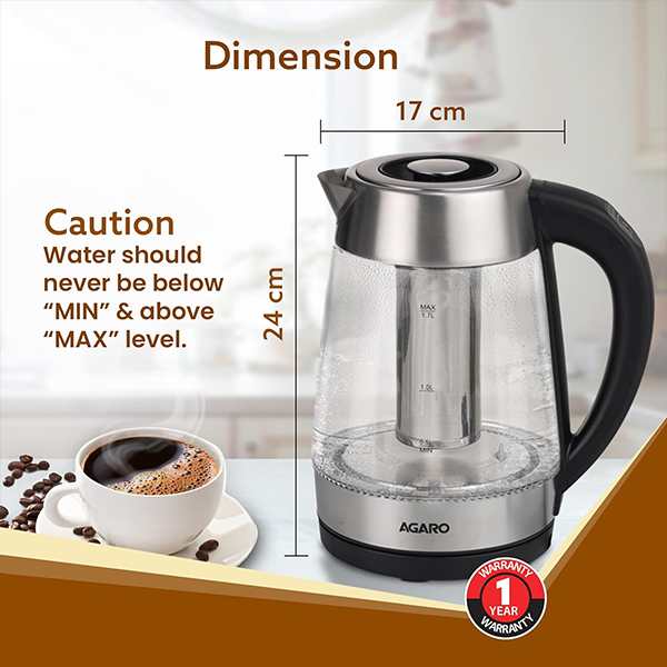 AGARO Supreme 1.7L Electric Glass Kettle – 1850W Fast Boiling-5