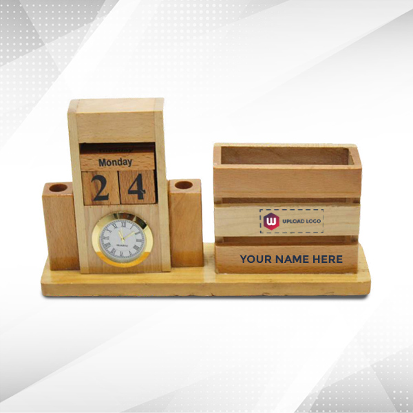 Wooden Pen Holder With Mobile Holder And Calendar Block