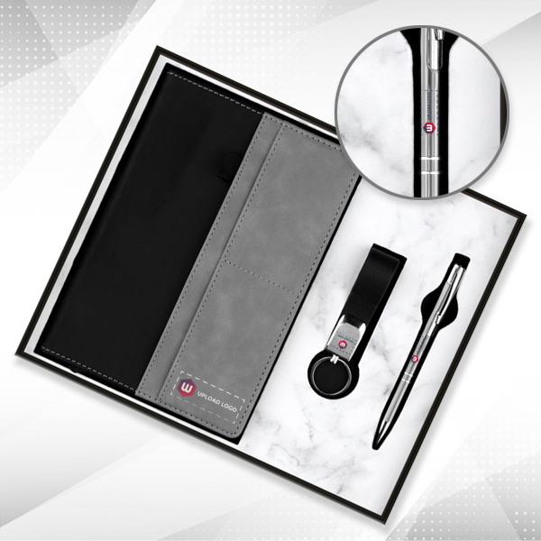 Customized 3-in-1 Combo Diary, Pen & Keychain Gift Set for Employees (Black & Grey)