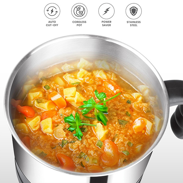 MILTON Electric Cooker With Glass Lid, 600 Watt, 1.2 Liters, Multi-Purpose Kettle Cum Steamer for Instant Noodles, Eggs, Vegetables, Auto Cut-Off, Cordless Pot-2