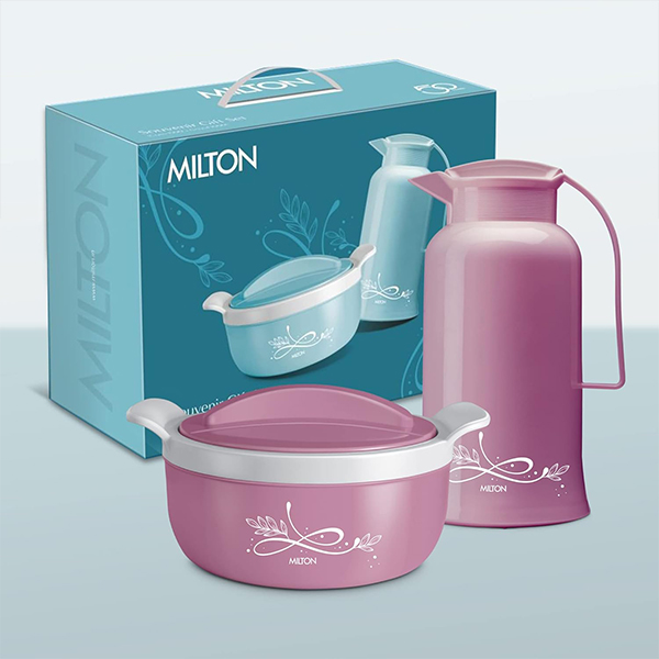 MILTON  Souvenir Gift Set Tint Purple 1500 Casserole 1.38 L & Crystal 1000 Flask - 970 ml-1