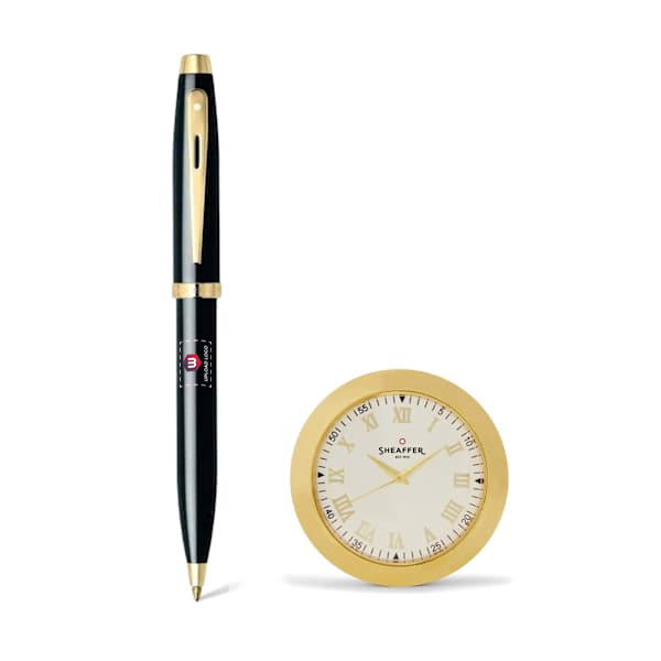Sheaffer Glossy Ballpoint Pen & Gold Table Clock Gift Set-0