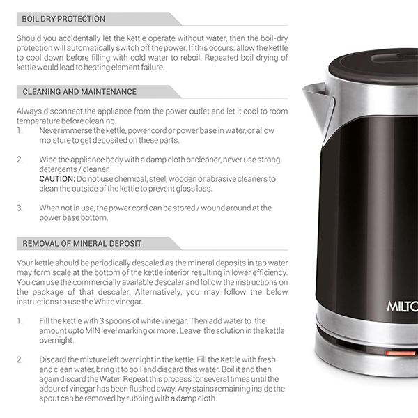 MILTON Vienna - Electric 1.8 Stainless Steel Electric Kettle, Auto Cut-off - (Black)-5
