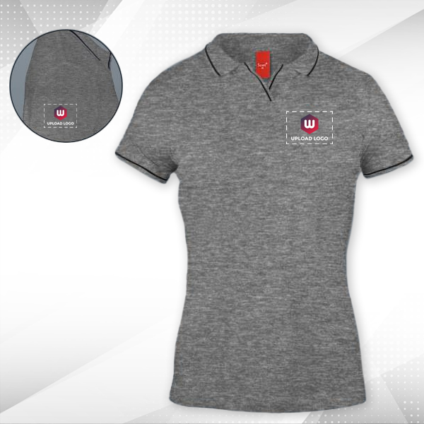 Scott Organic Cotton Polo T-Shirt for Women Grey Melange with Black - Custom Logo Left Chest & Right Arm