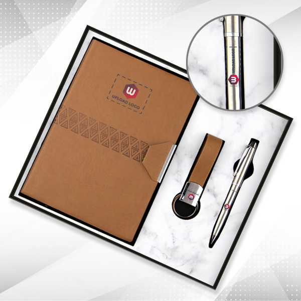 Customized 3-in-1 Combo Diary, Pen & Keychain  Gift Set for Employees (Tan)-0