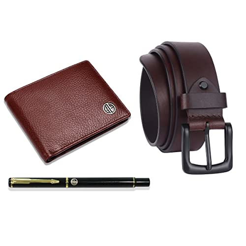HF Premium Gift Set - Genuine Leather Wallet & Belt with Ball Pen (Bronze Brown)