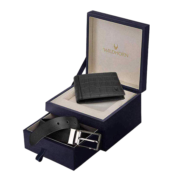 WILDHORN NOGALES Leather Wallet & Belt Gift Set (Black Croco)