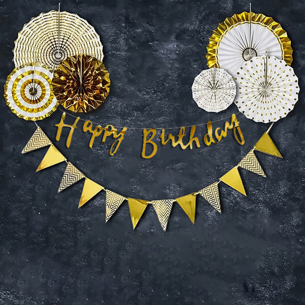 Golden Theme Birthday Décor with Paper Fans & Flags