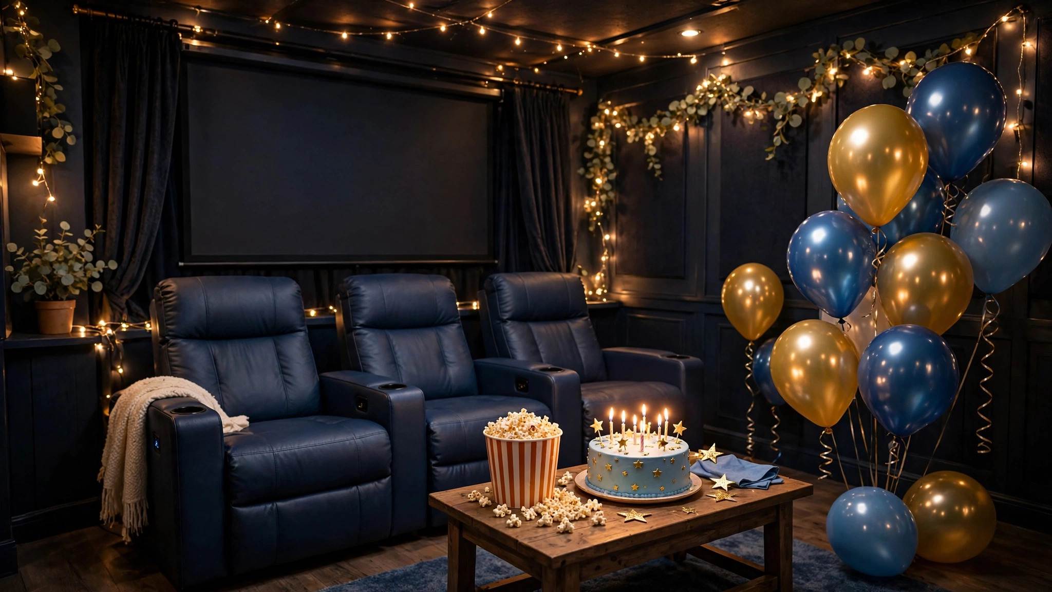 private theatre setup in Chandigarh with balloon decor, a large screen and cinema-style seating arranged for a party