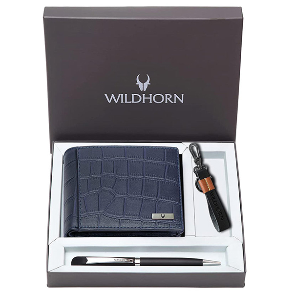 WILDHORN CORDOVA Premium Leather Wallet, Keychain & Pen Gift Set (Blue Croco)